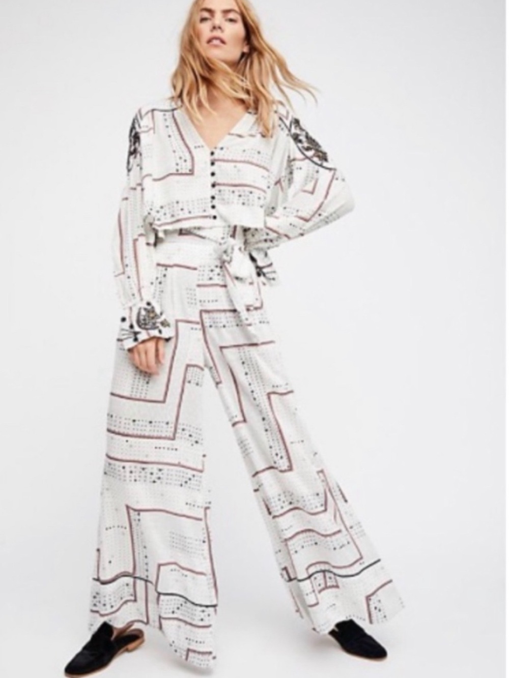 Free People White Printed Wide-Leg two piece outfit with black & pink Accents
